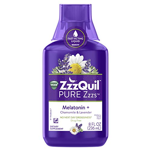 ZzzQuil Pure Zzz Melatonin Liquid Sleep Aid, 8 fl oz, avec camomille, lavande, racine de valériane et mélisse, 1 mg par portion