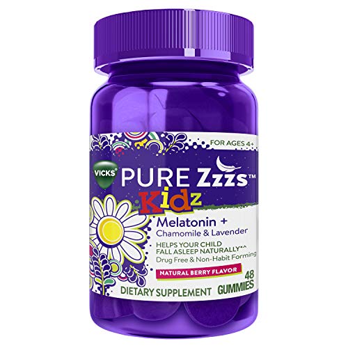 Vicks PURE Zzzs Kidz Mélatonine Lavande et camomille Aide au sommeil Gummies pour enfants et enfants, arôme naturel de baies, 0,5 mg par gomme, 48 unités