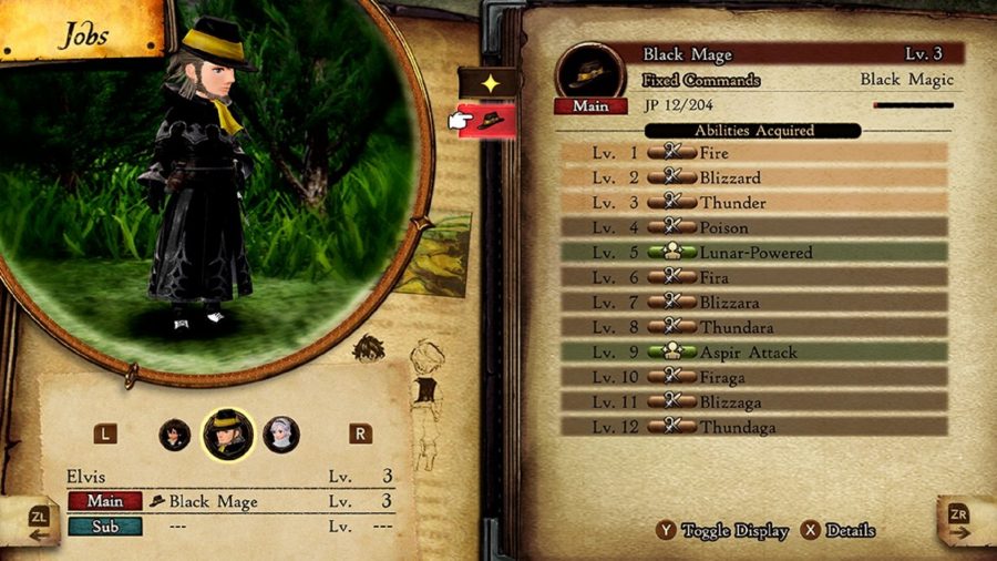 L'écran de travail de mage noir dans Bravely Default 2