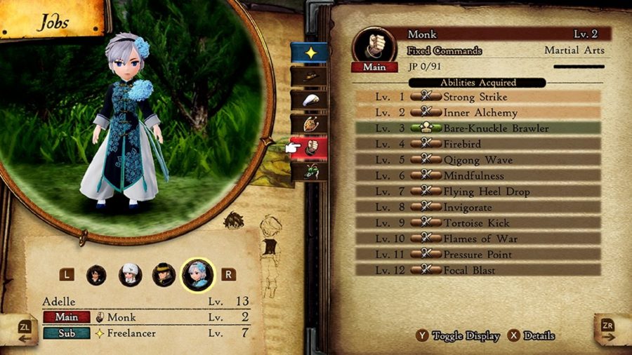 L'écran du travail de moine dans Bravely Default 2