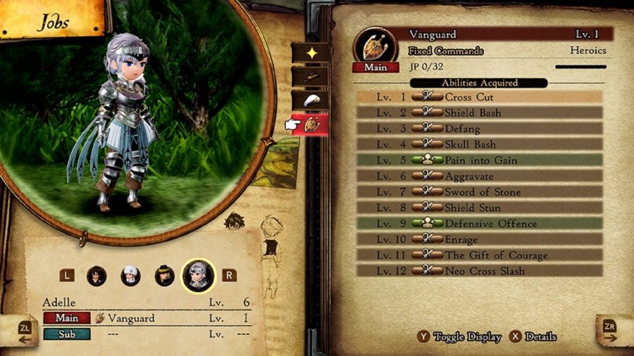 L'écran des tâches d'avant-garde dans Bravely Default 2