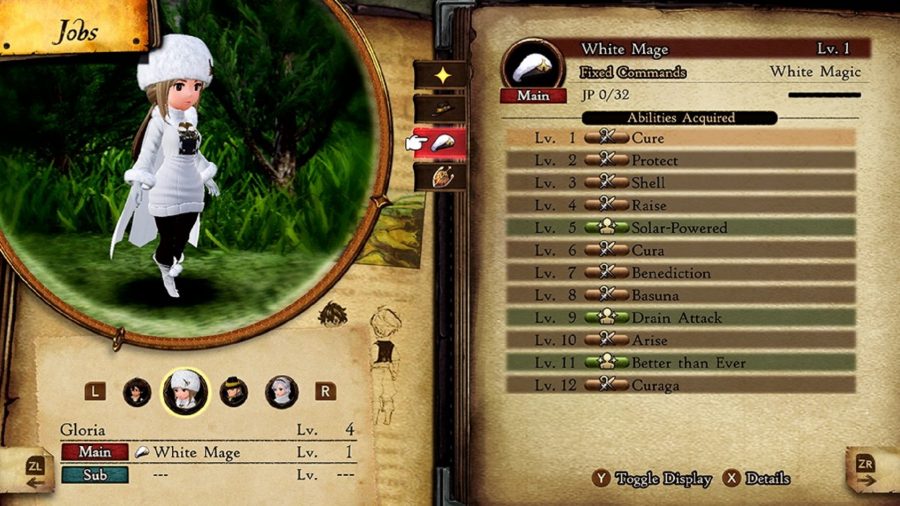 L'écran de travail de mage blanc dans Bravely Default 2