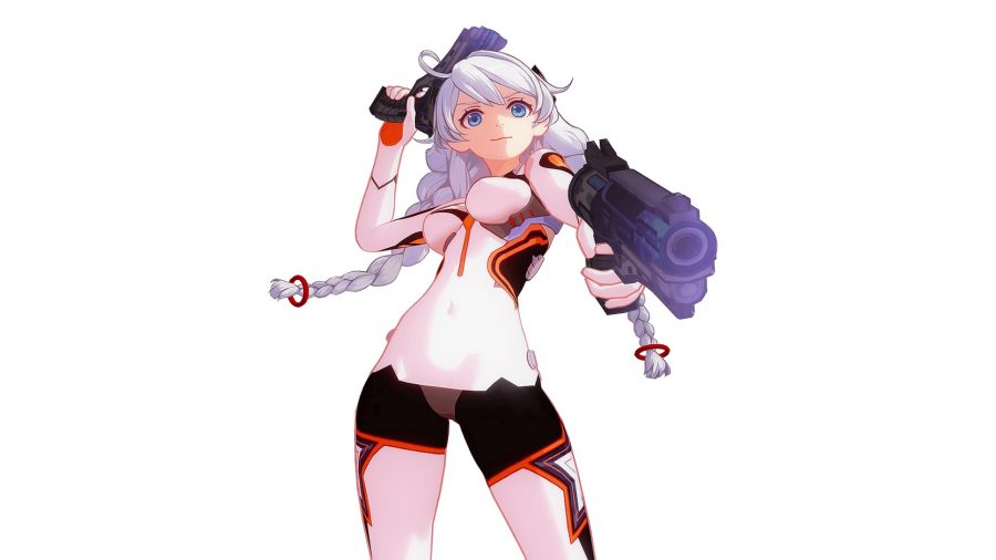 Kiana tenant deux pistolets