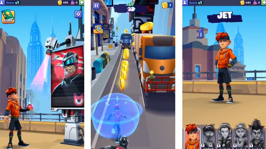 Trois captures d'écran du gameplay de Metroland, montrant le personnage principal en action