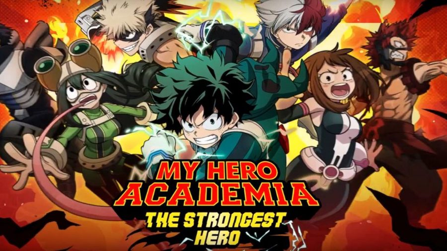 Un groupe de héros en pose de combat, avec Deku serrant le poing devant.  Le logo du jeu est à l'avant.