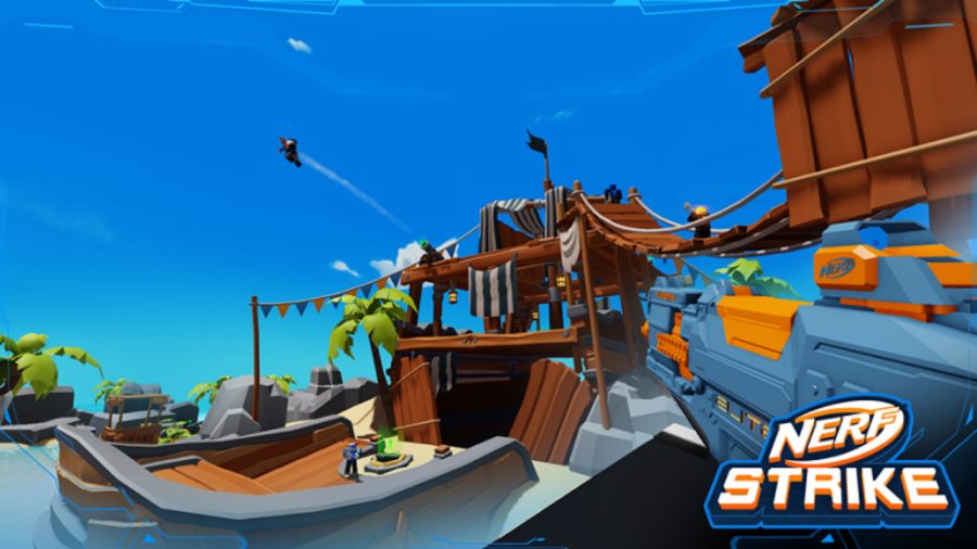 Nerf Strike codes 2 Quelqu'un avec un blaster Nerf parcourant une carte sur le thème des pirates