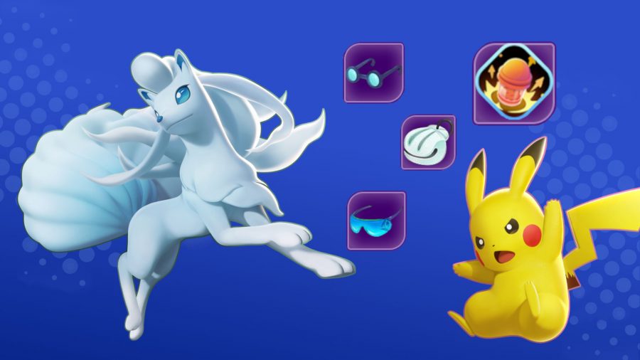 Ninetales et Pikachu sur fond bleu, avec des icônes d'articles 