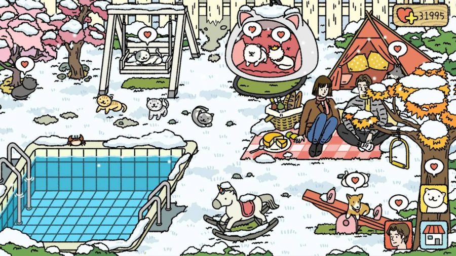 Jardin Adorable Homes, avec une piscine, un couple mangeant un pique-nique et plusieurs animaux jouant