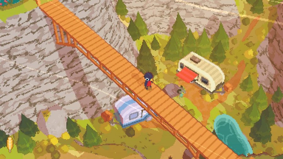 Une scène pixélisée montre un petit pingouin traversant un pont dans une zone ensoleillée avec des arbres visibles en arrière-plan