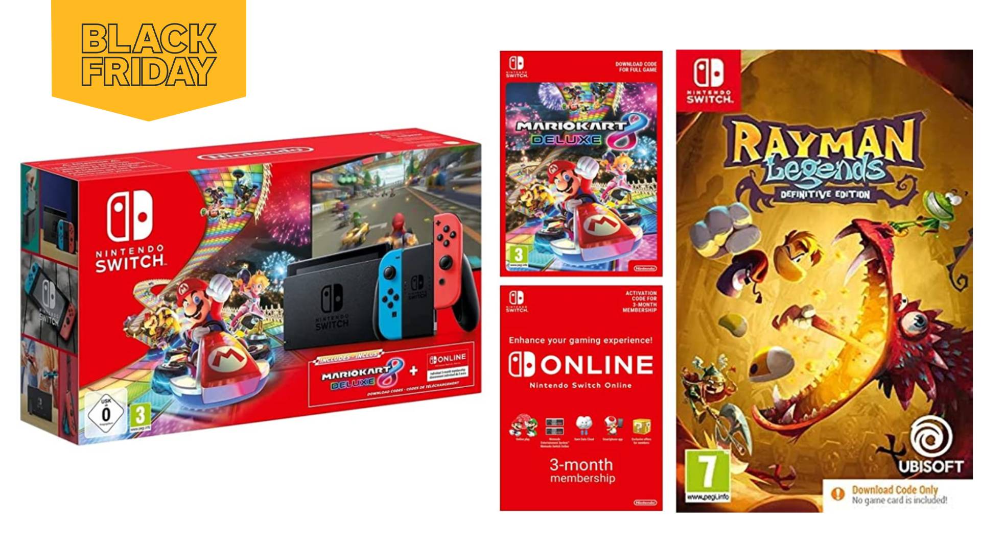 Une Nintendo Switch est montrée, aux côtés de Mario Kart 8 Deluxe et Rayman Legends