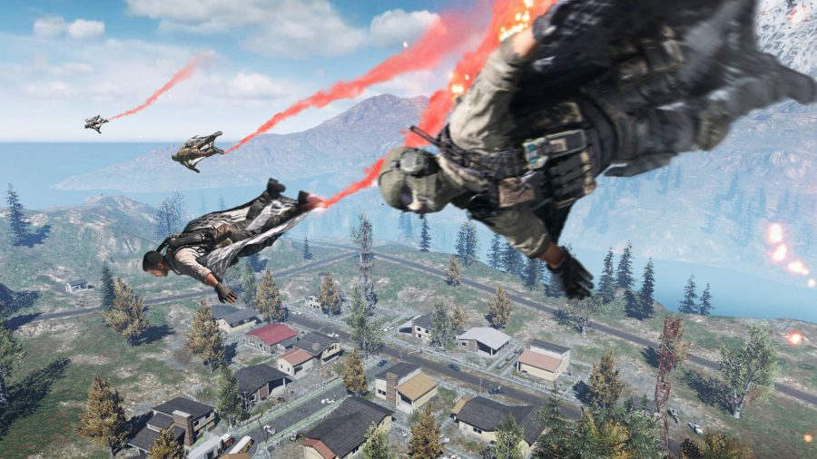 Quatre hommes tombant du ciel en wingsuit 