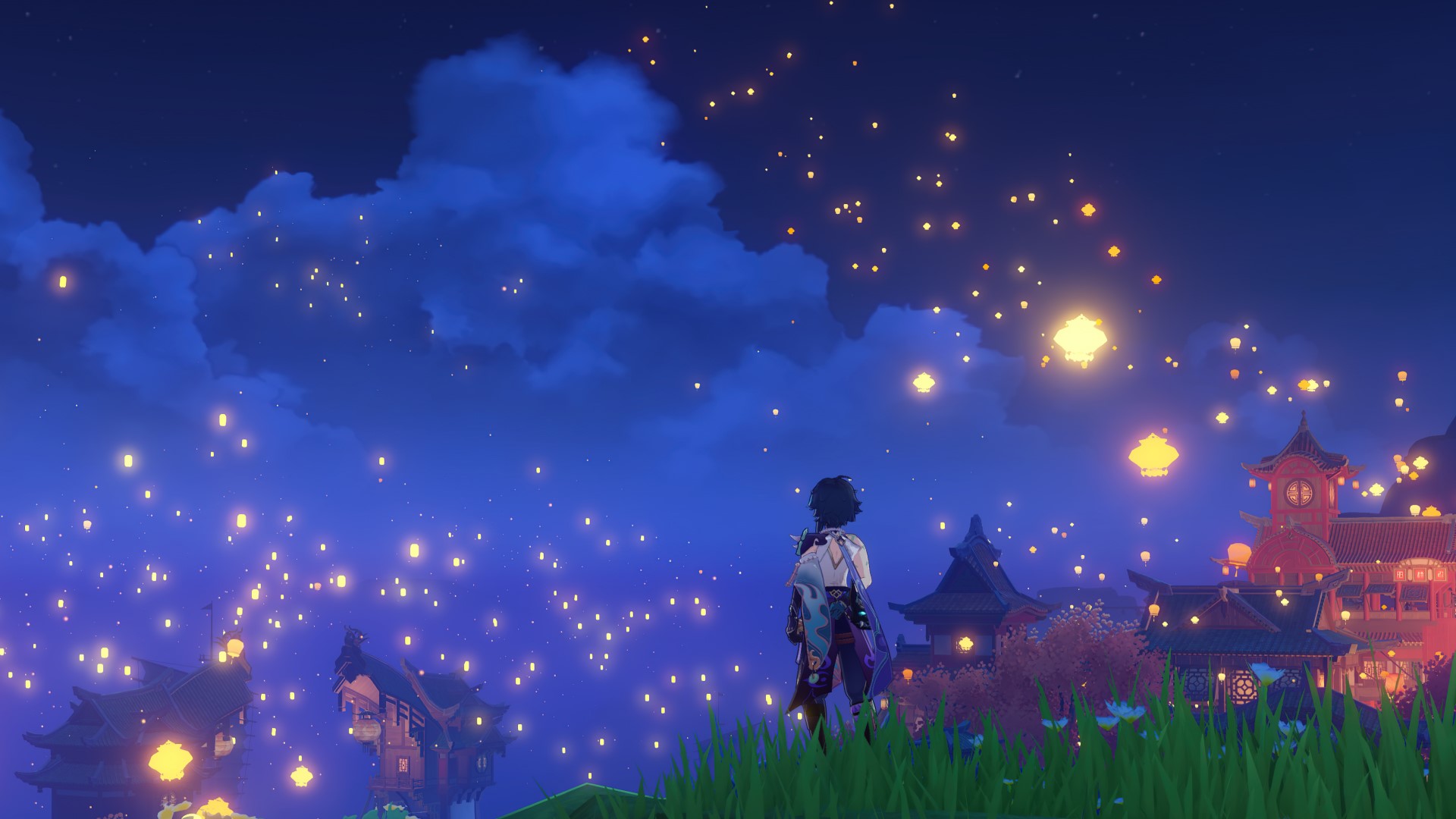 Un personnage de Genshin Impact regardant des lanternes flottantes
