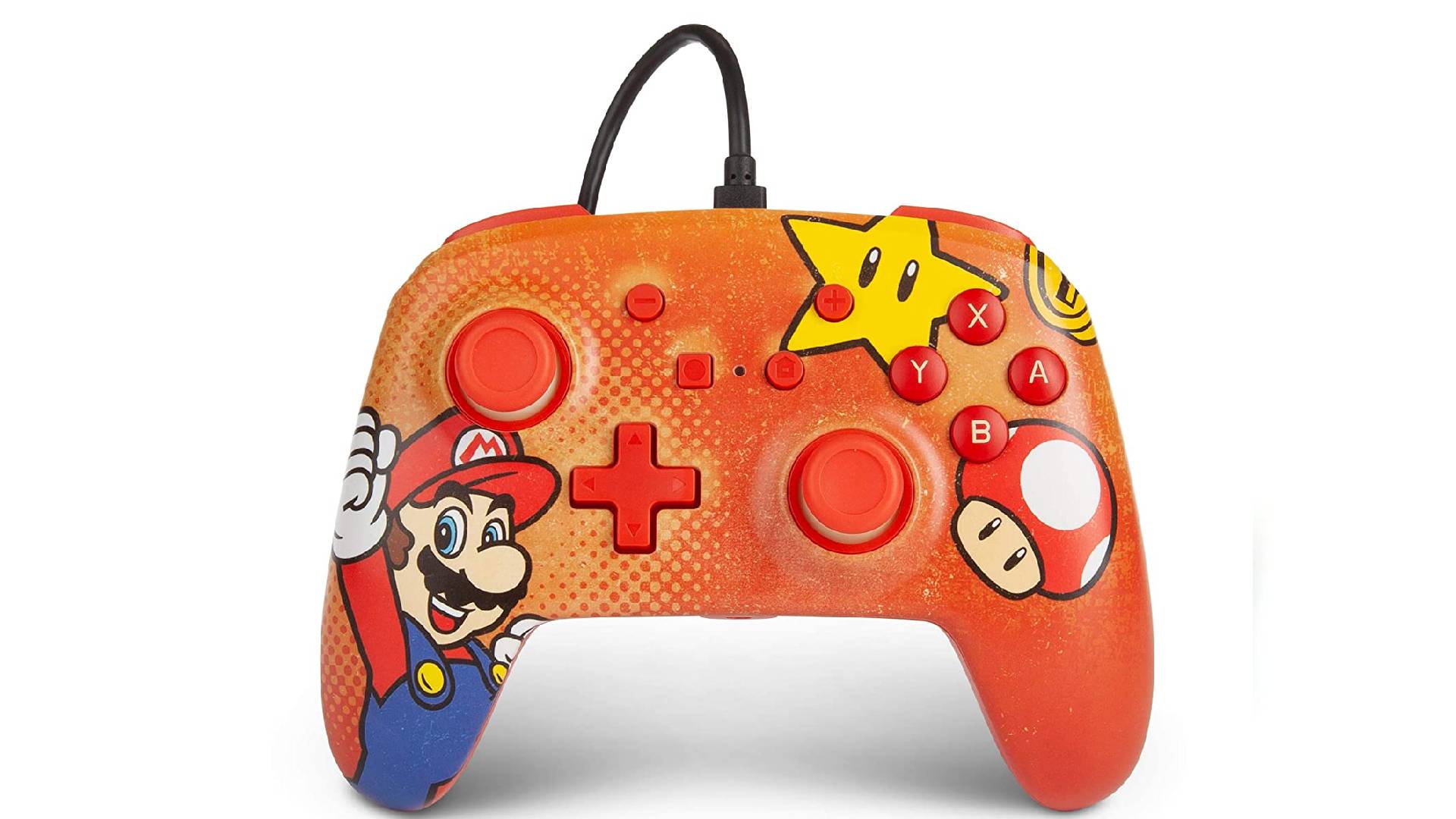 Une manette câblée puissante avec des détails de l'art vintage de Mario 