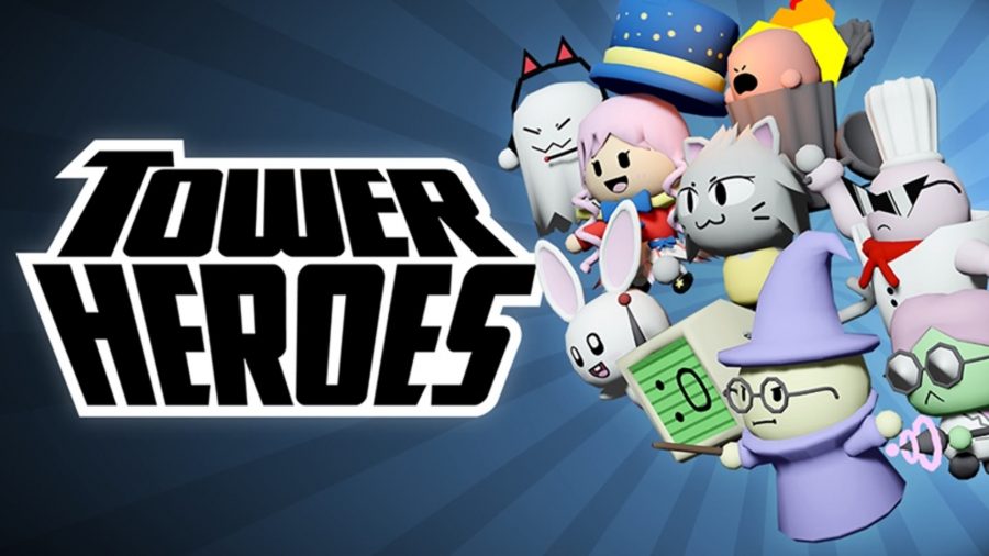 Titre de Tower Heroes en gras, avec un groupe de héros sautant au combat sur la droite